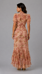 Fiora | Vestido largo romántico con mangas abullonadas y estampado de rosas estilo vintage