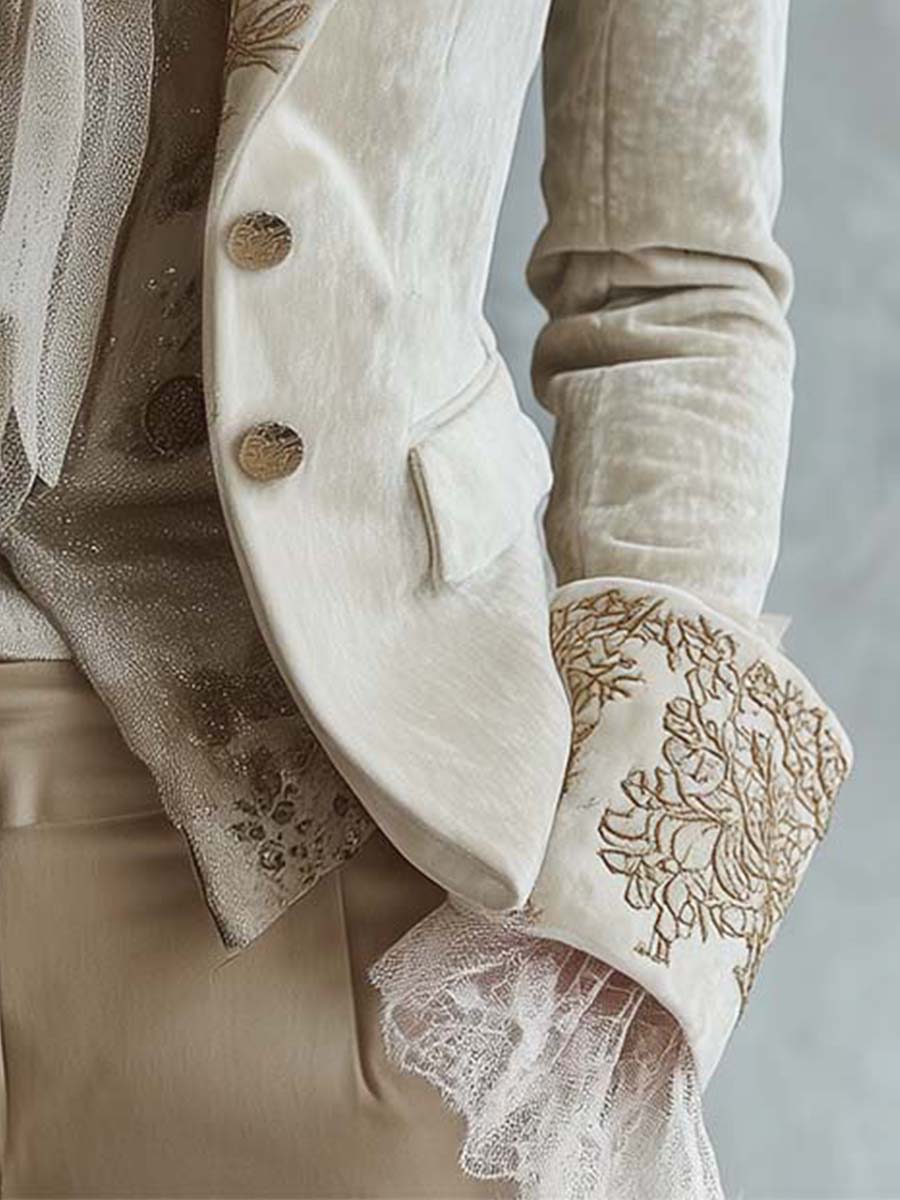 Constanza | Blazer marfil con bordado floral dorado