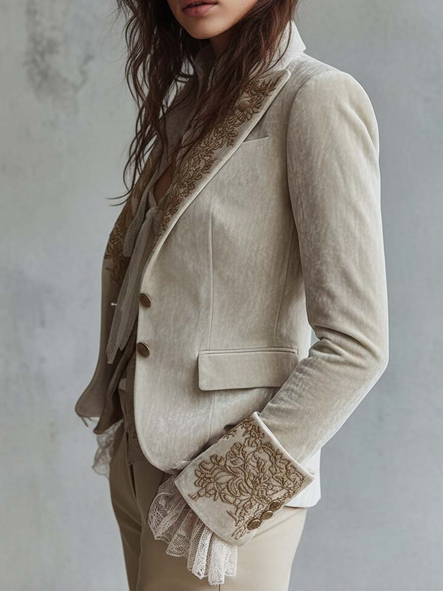 Constanza | Blazer marfil con bordado floral dorado