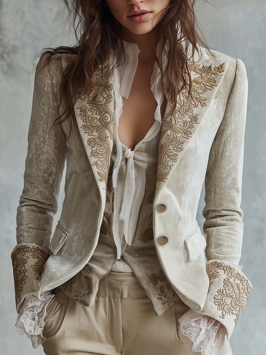 Constanza | Blazer marfil con bordado floral dorado