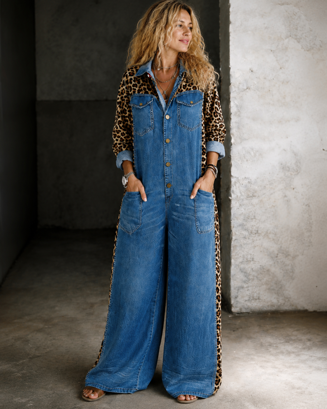 Aven™ | Tuta in Look Denim con Stampa Leopardo