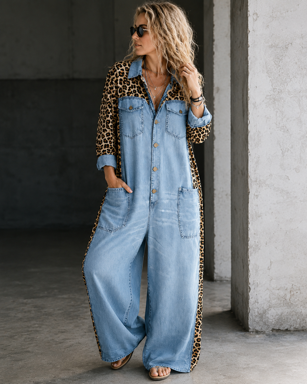 Aven™ | Tuta in Look Denim con Stampa Leopardo