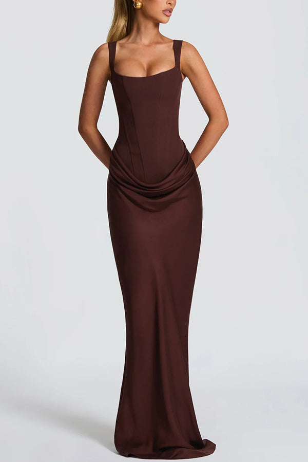Aveline | Vestido largo satinado con escote cuadrado