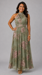 Serena · Vestido largo verde floral de gasa con escote halter