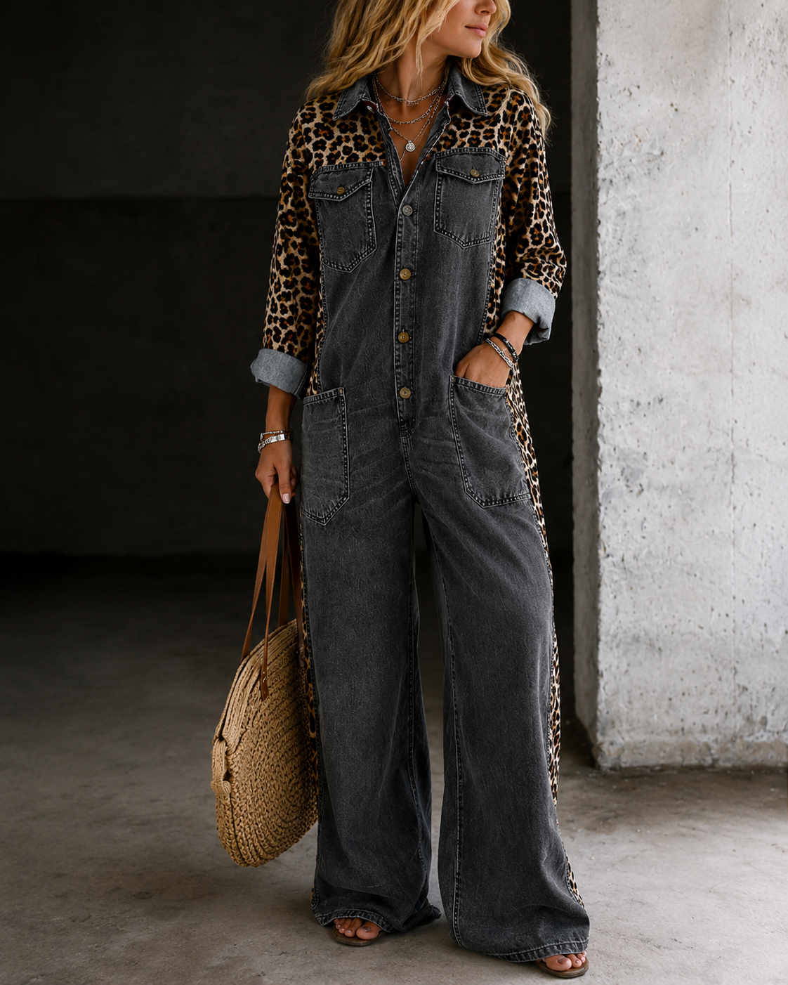 Aven™ | Tuta in Look Denim con Stampa Leopardo