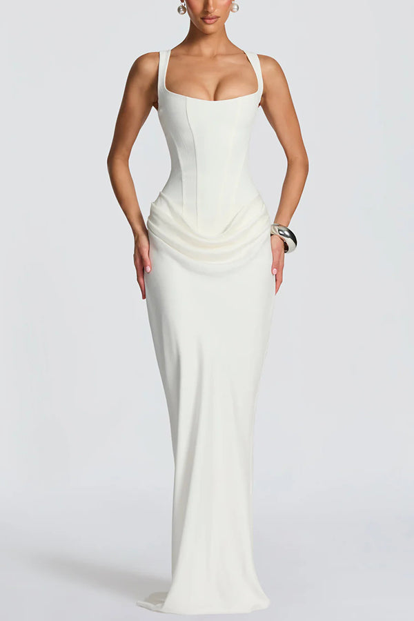 Aveline | Vestido largo satinado con escote cuadrado