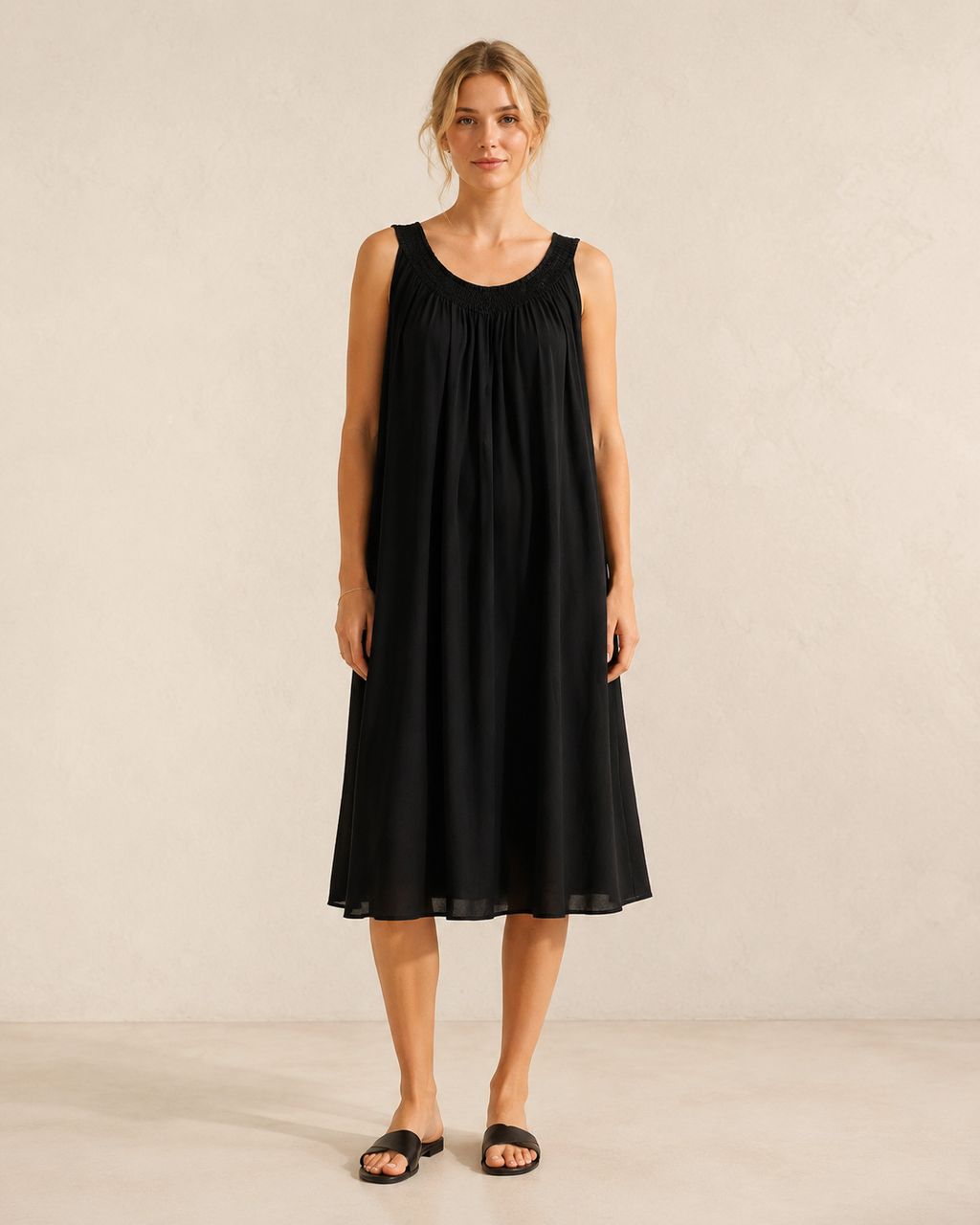 Adela · Vestido Midi Negro de Caída Fluida