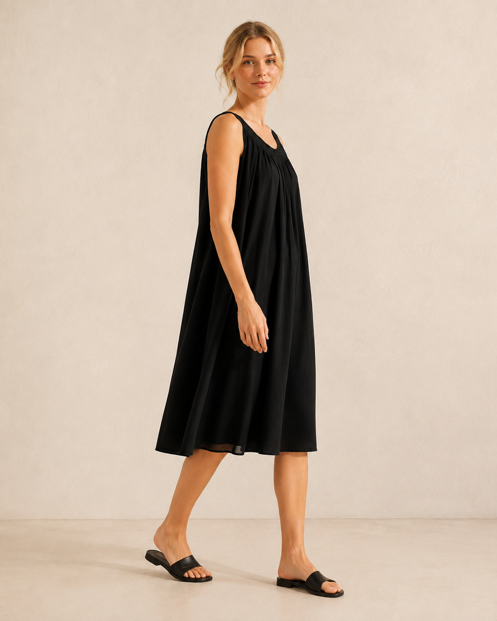 Adela · Vestido Midi Negro de Caída Fluida