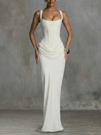 Aveline | Vestido largo satinado con escote cuadrado