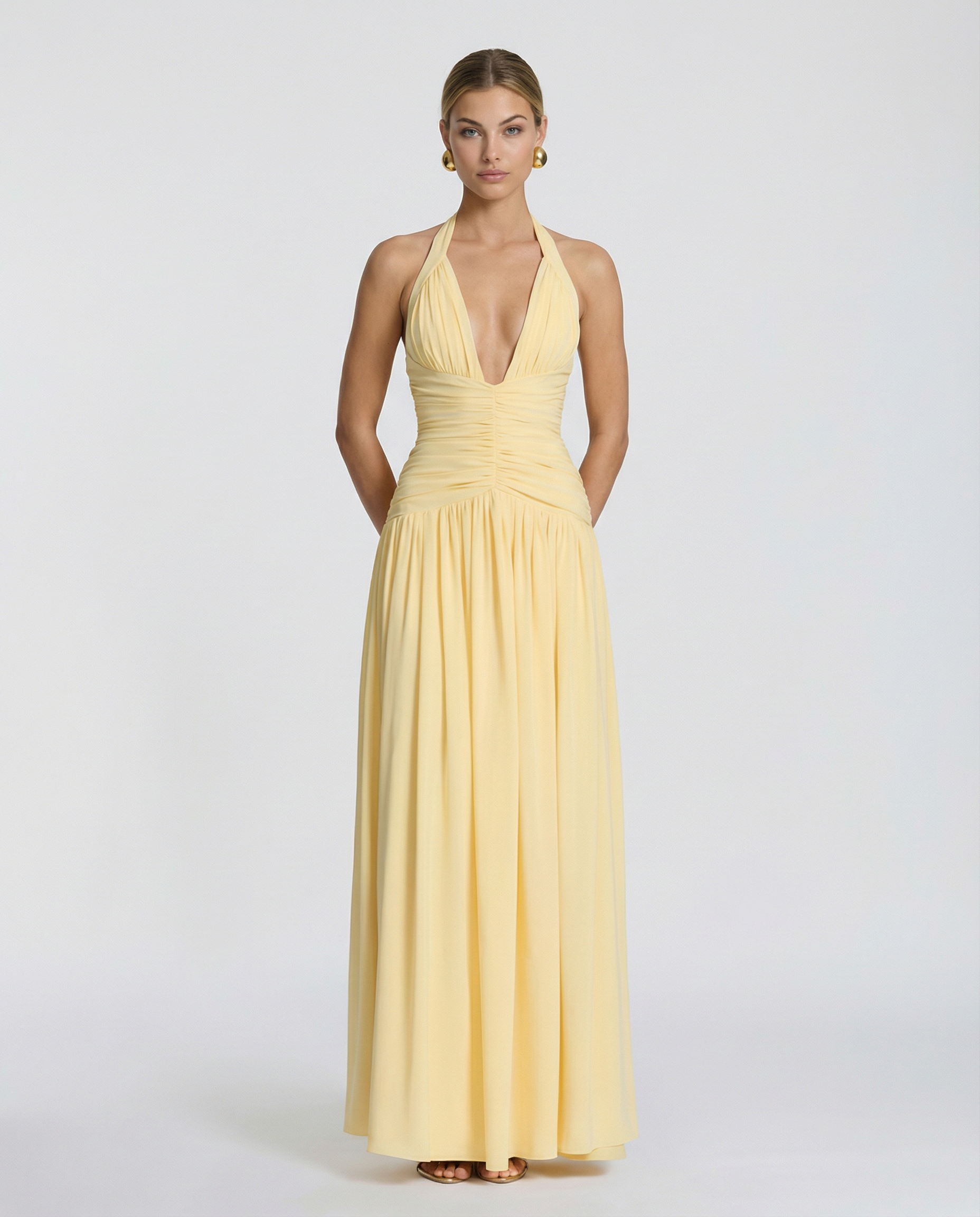 Margaret • Vestido Maxi con Cuello Halter y Corsé Fruncido