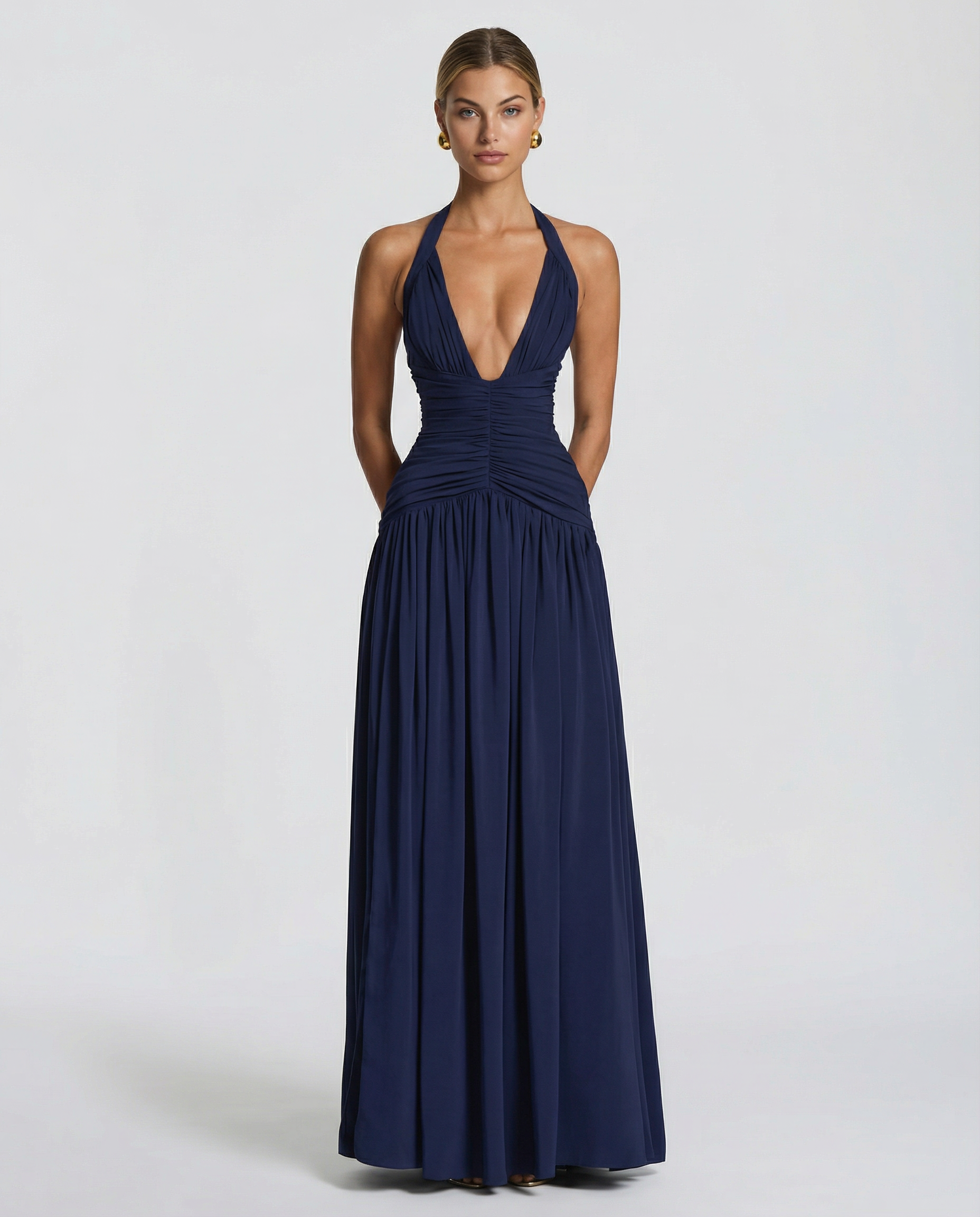 Margaret • Vestido Maxi con Cuello Halter y Corsé Fruncido