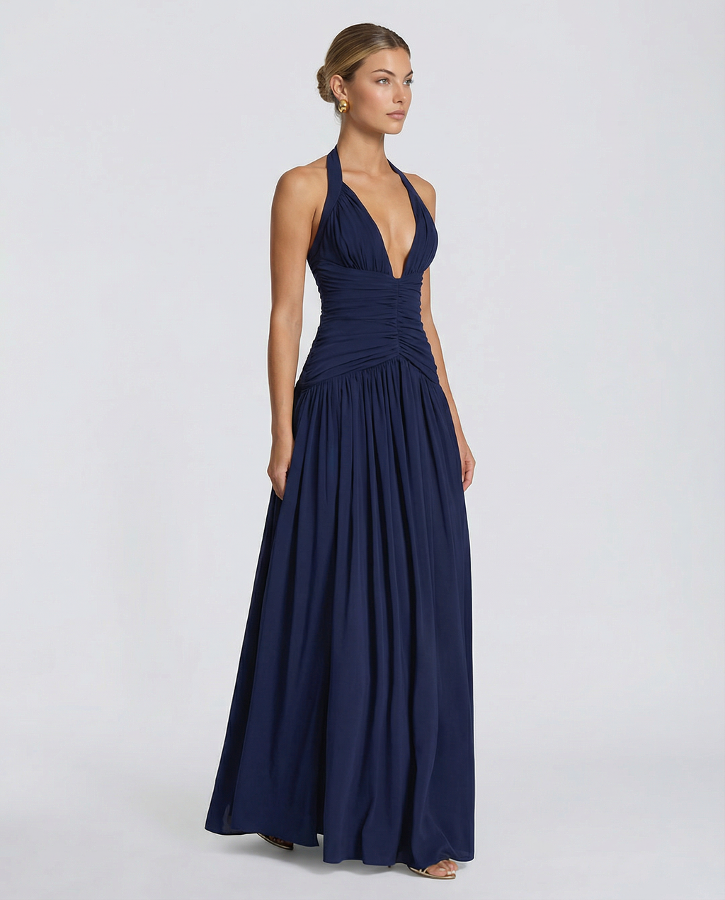 Margaret • Vestido Maxi con Cuello Halter y Corsé Fruncido