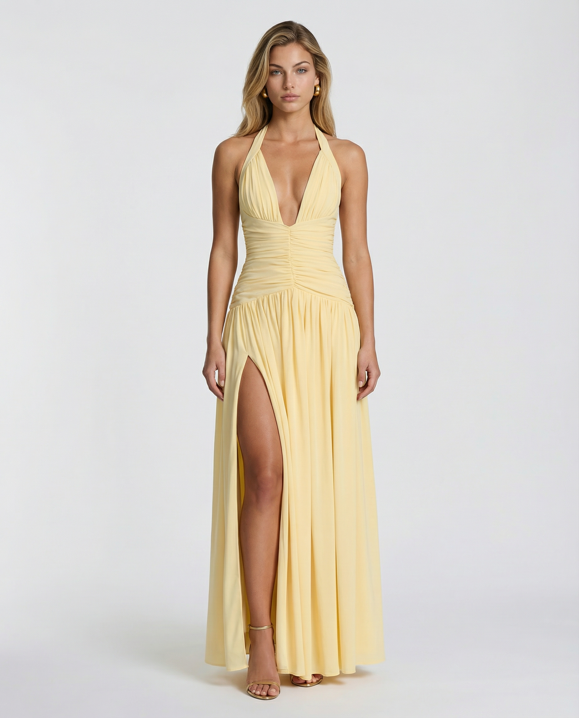 Margaret • Vestido Maxi con Cuello Halter y Corsé Fruncido
