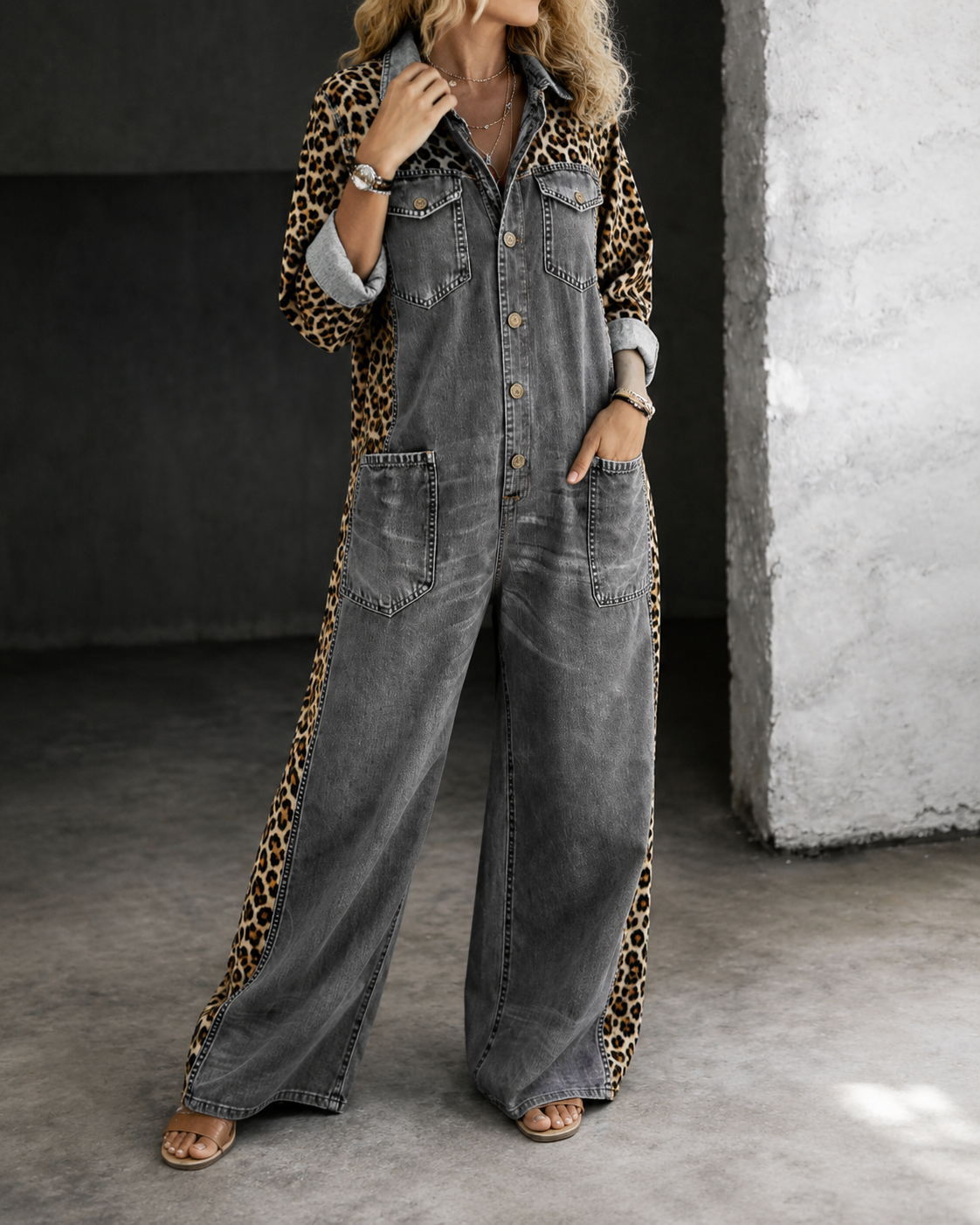 Aven™ | Tuta in Look Denim con Stampa Leopardo