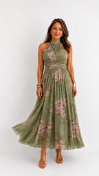 Serena · Vestido largo verde floral de gasa con escote halter