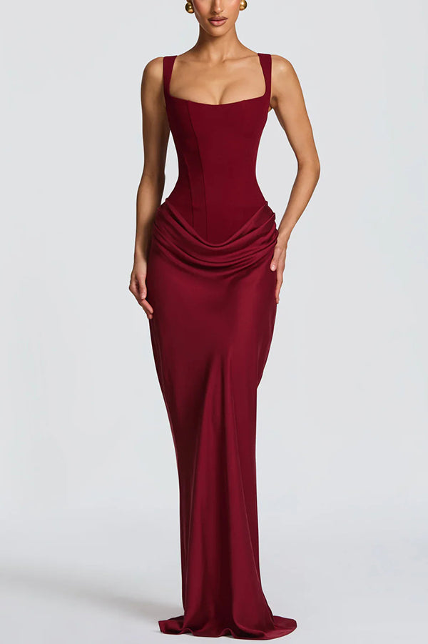 Aveline | Vestido largo satinado con escote cuadrado