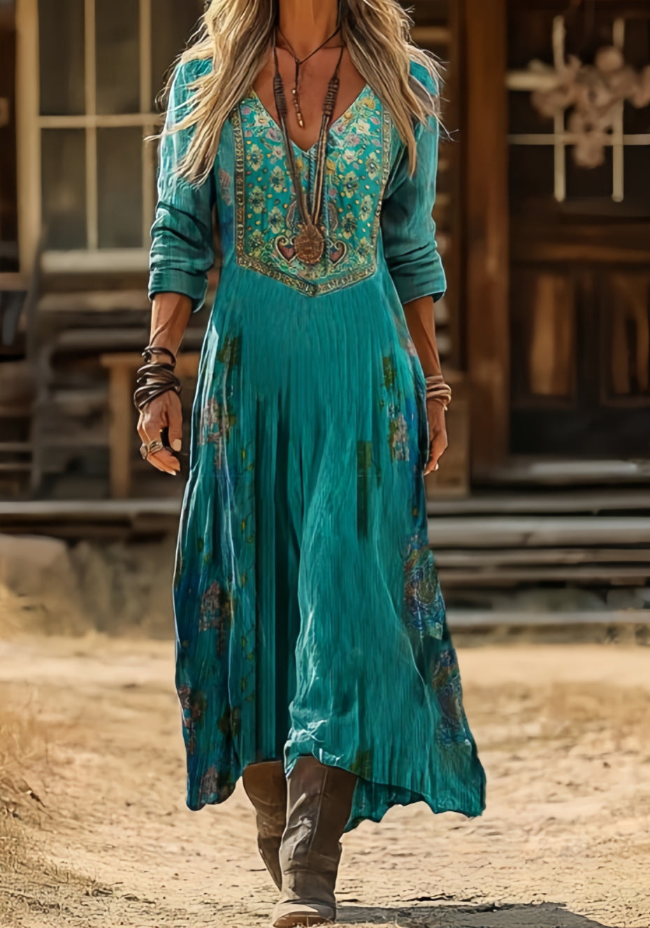 Rocío | Vestido largo bohemio en turquesa