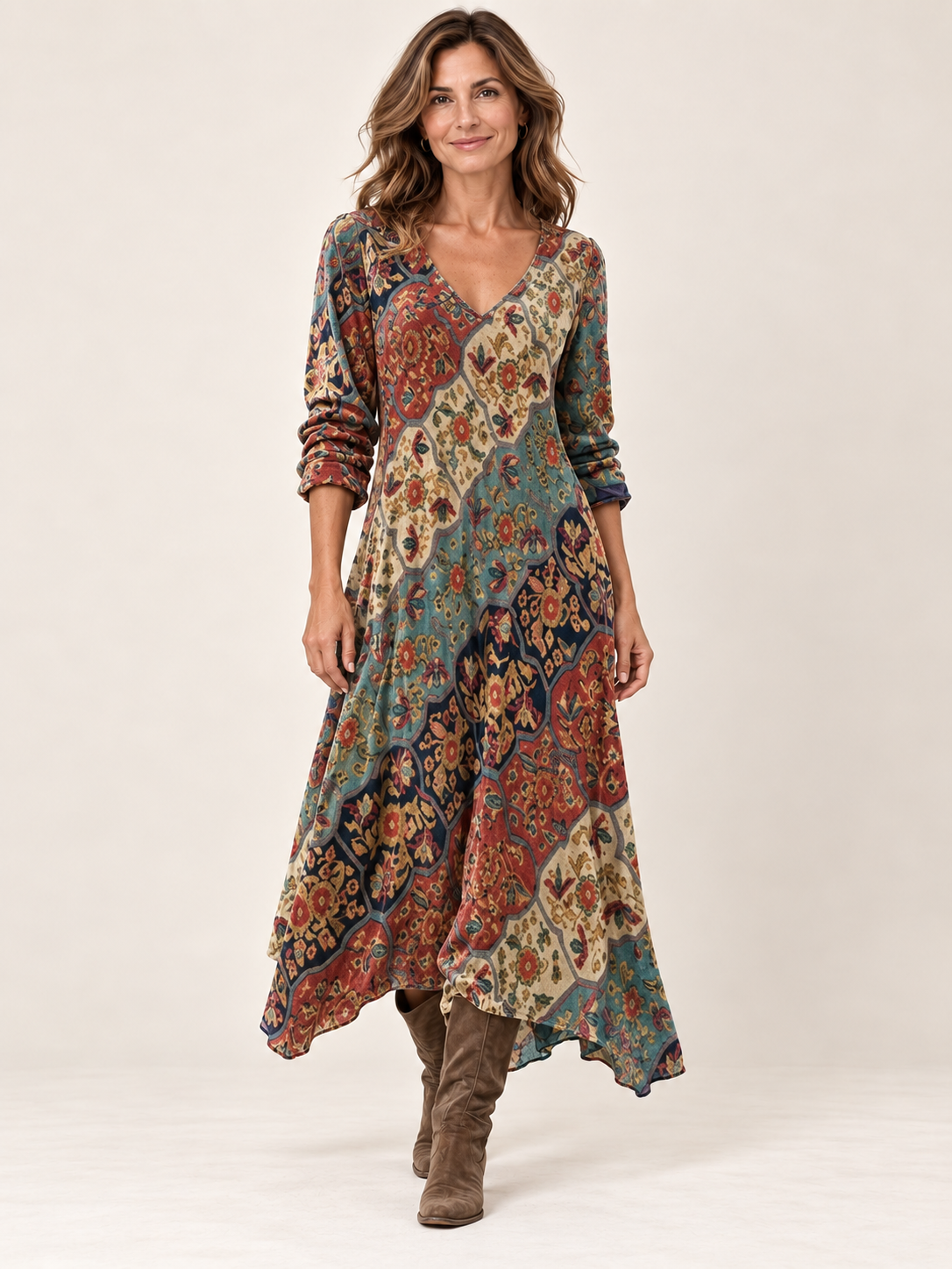Lidia vestido estampado, tercera vista sobre fondo marfil