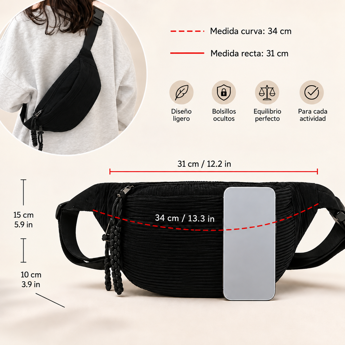 Medidas y detalles del bolso de pana en español