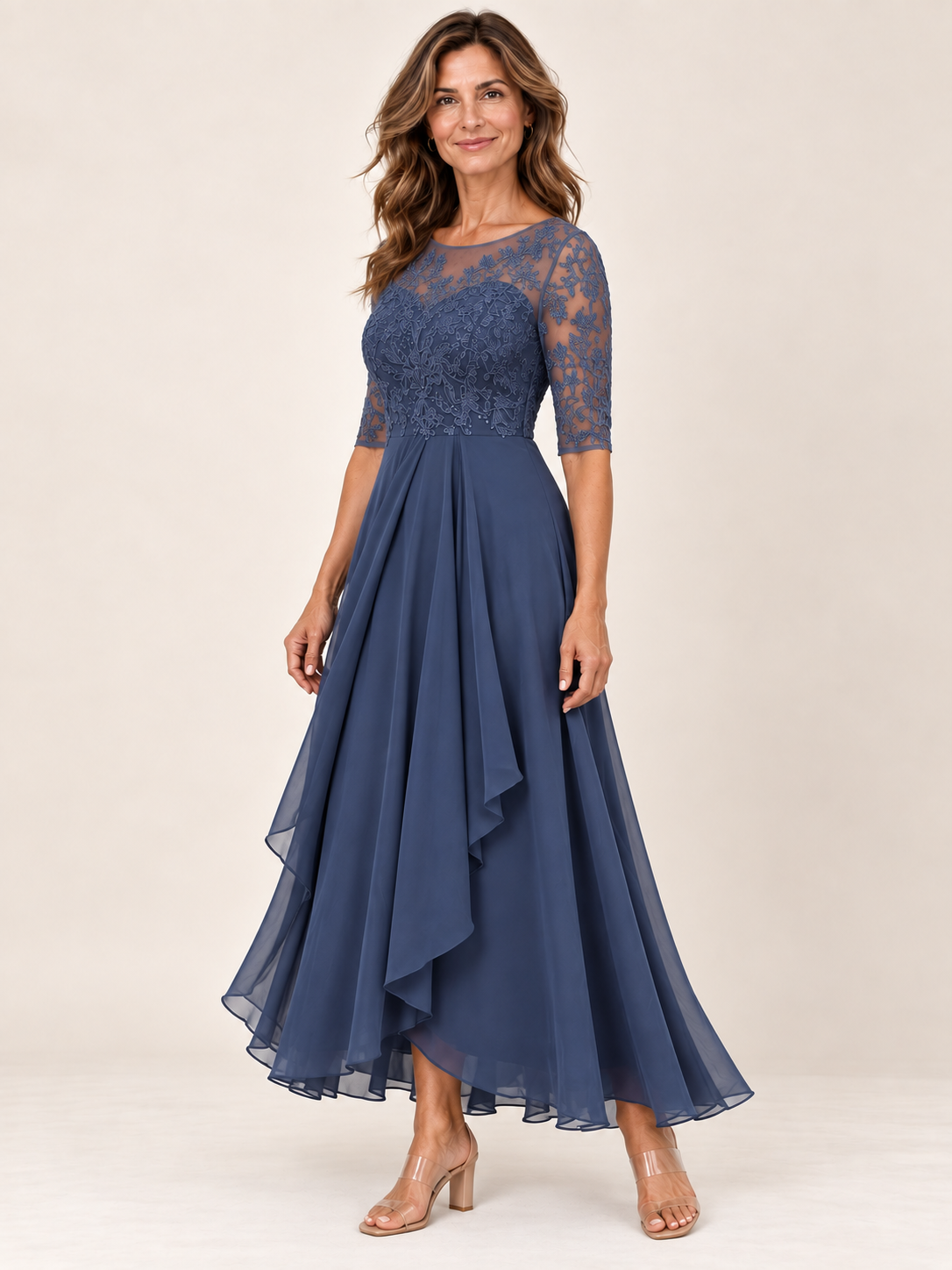 Vestido Rhonda Azul Marino, vista tres-cuartos, Varel Collection
