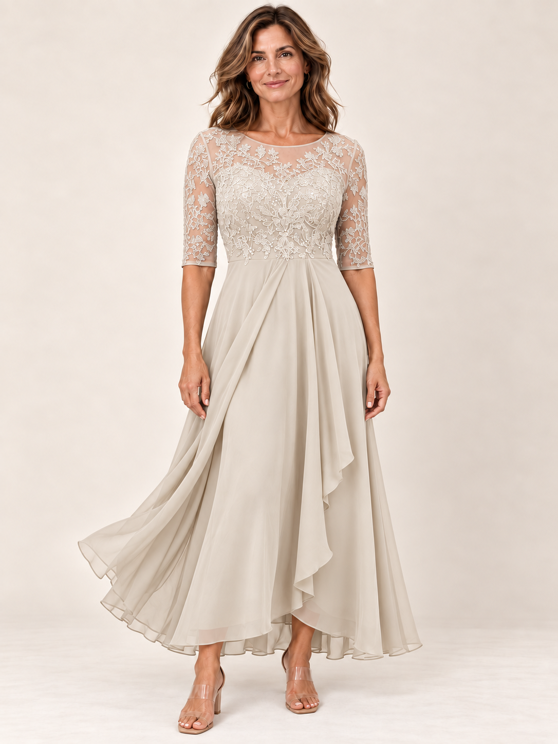 Vestido Rhonda Beige, vista frontal, Varel Collection