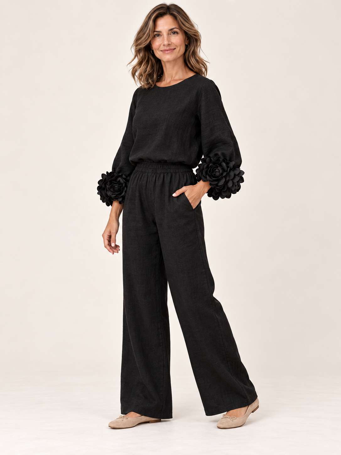 Top con puños florales Negro — tres-cuartos
