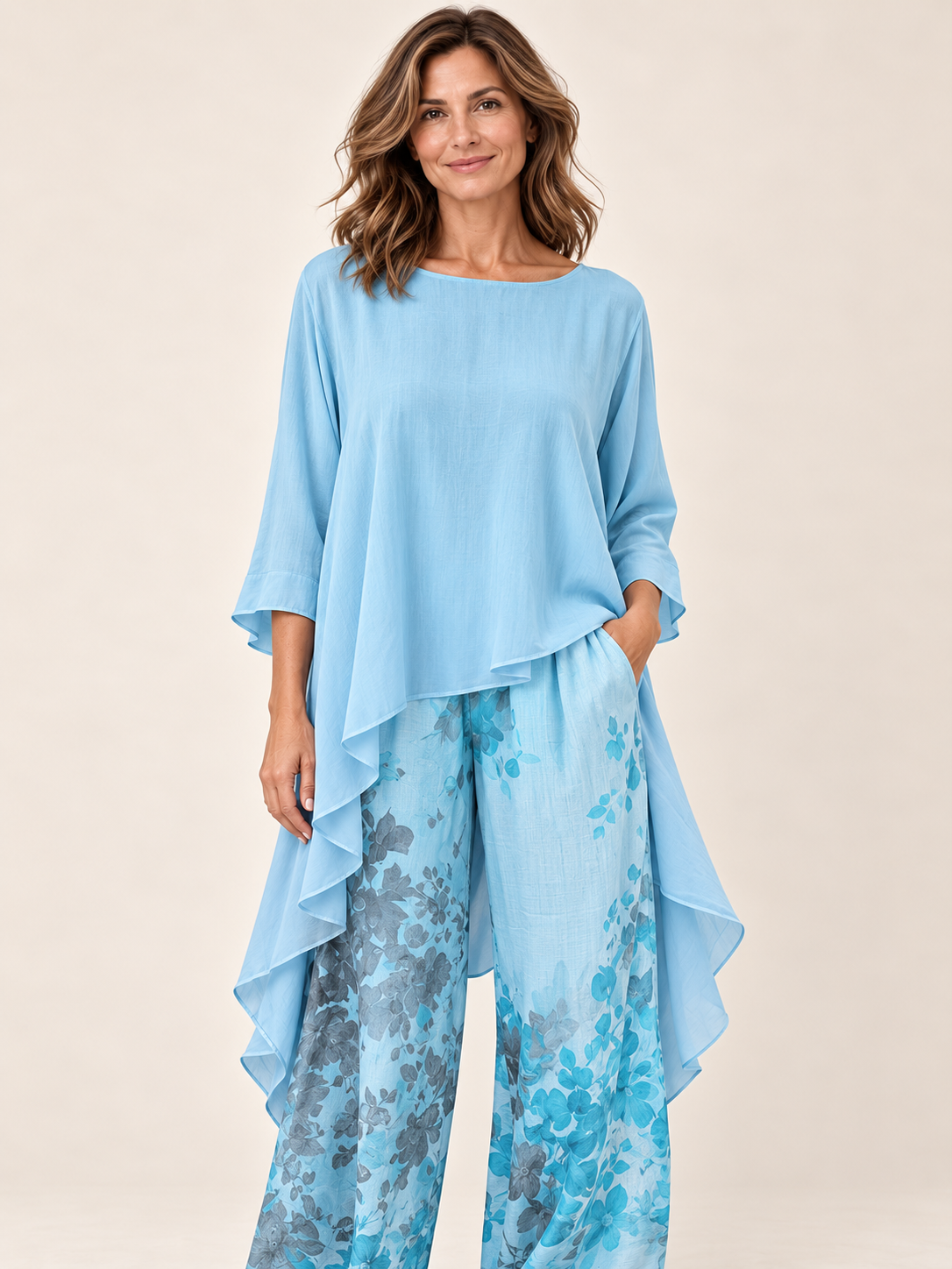 Conjunto fluido asimétrico Azul — detalle