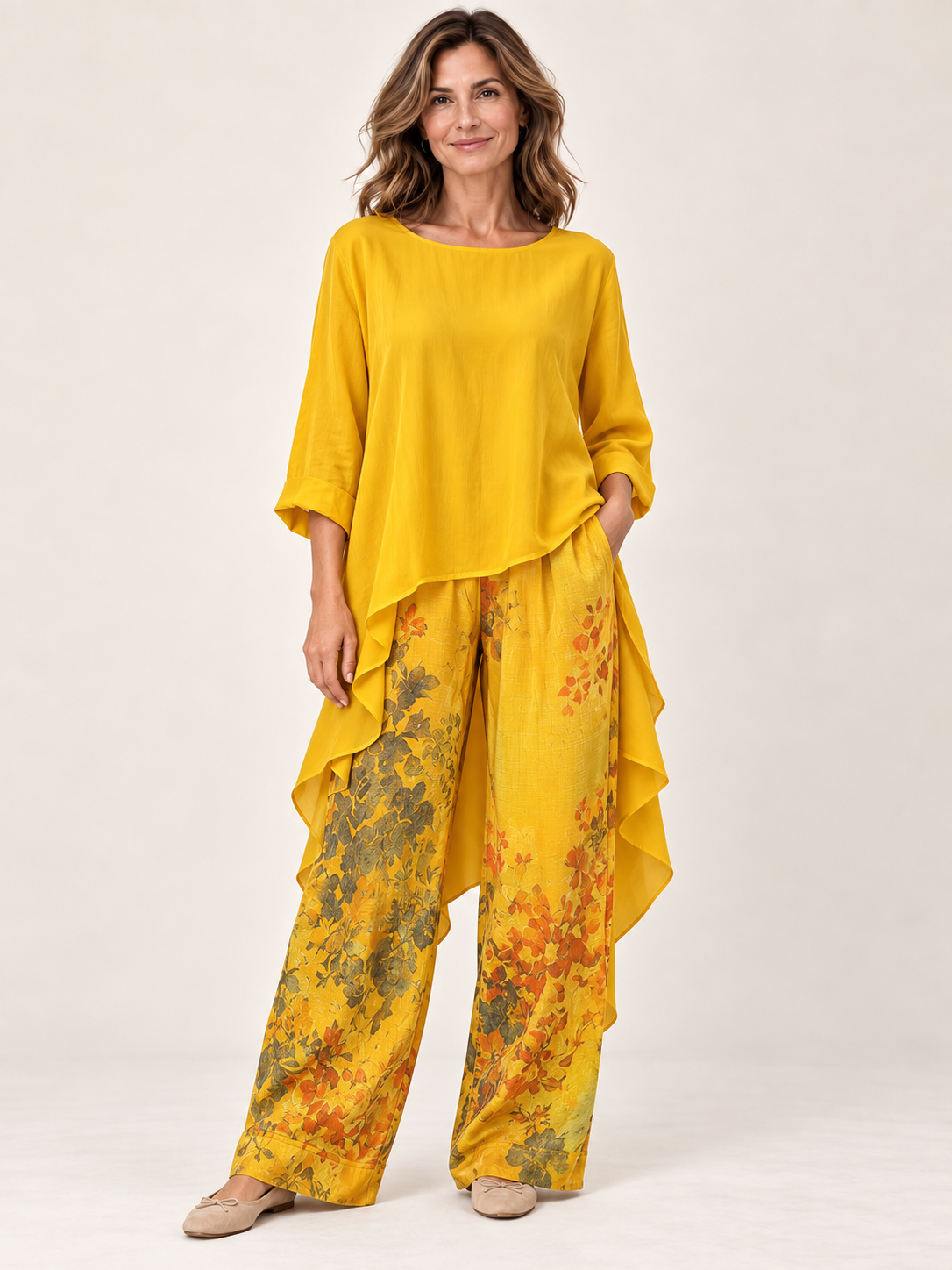 Conjunto fluido asimétrico Amarillo — detalle