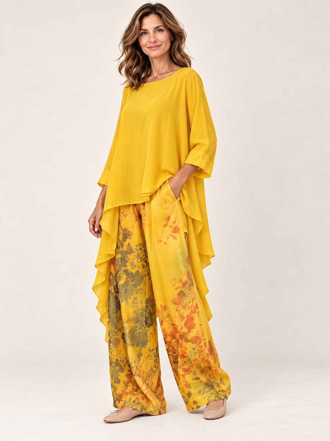 Conjunto fluido asimétrico Amarillo — tres-cuartos