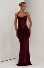 Valentina | Vestido largo con transparencias en rojo cereza